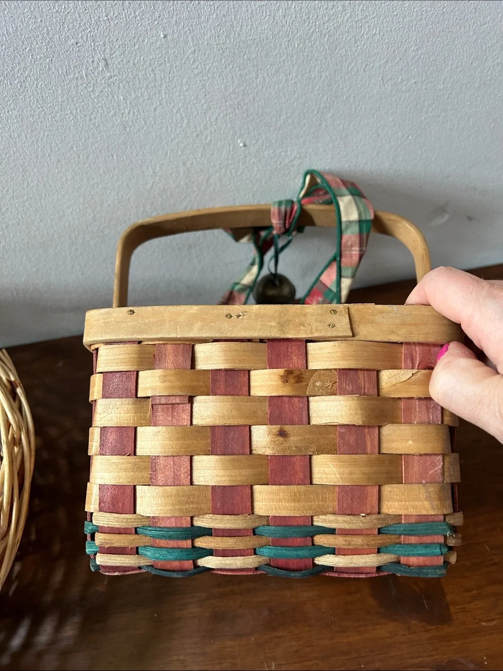 Woven Decorative Basket Set with Red Plaid Ribbon Accent